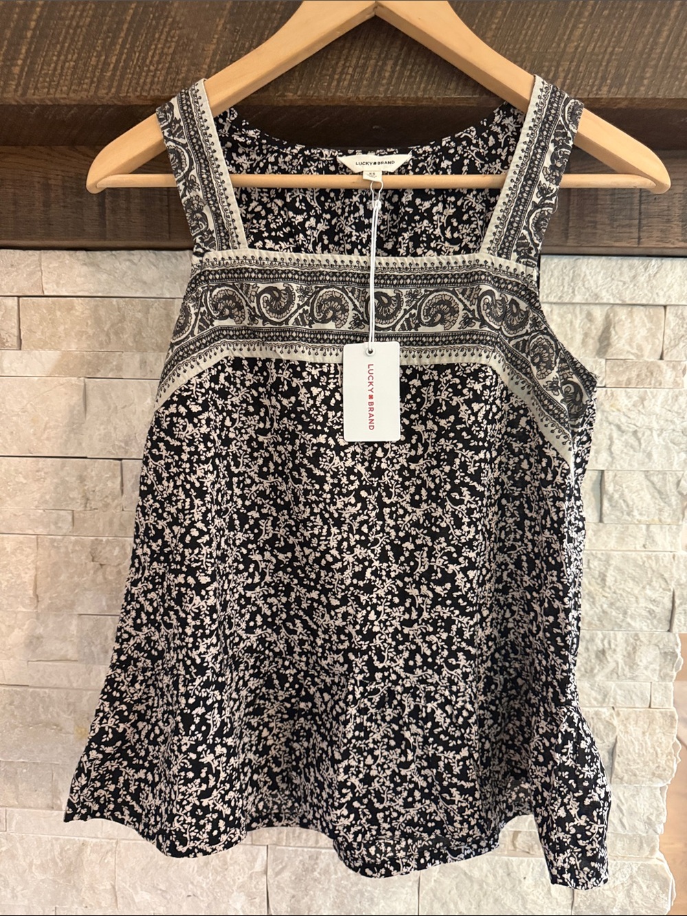 Lucky Brand Black and cream Floral Sleeveless Peplum Tank